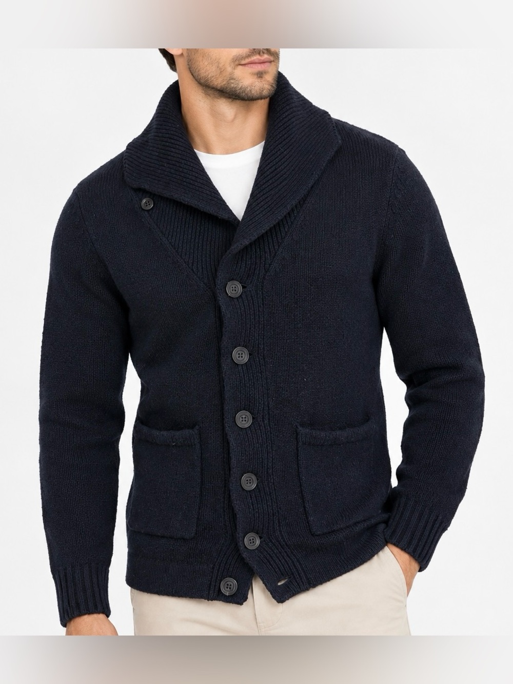 Earnest Sewn Men’s Small 100% Lambswool Shawl Collar Cardigan Sweater Navy